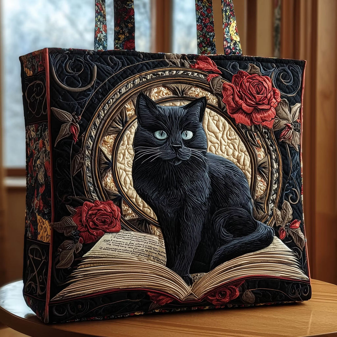 Black Cat with Roses Quilted Tote Bag