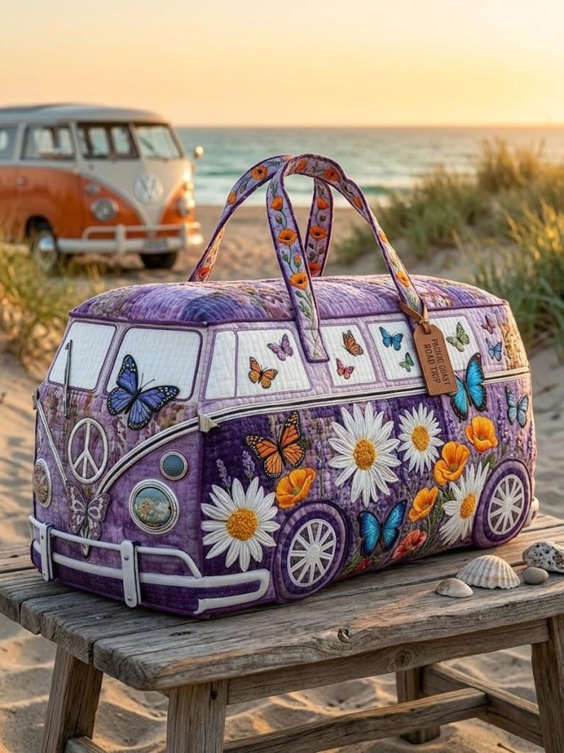 Hippie Camping Bus Quilted Duffle Bag